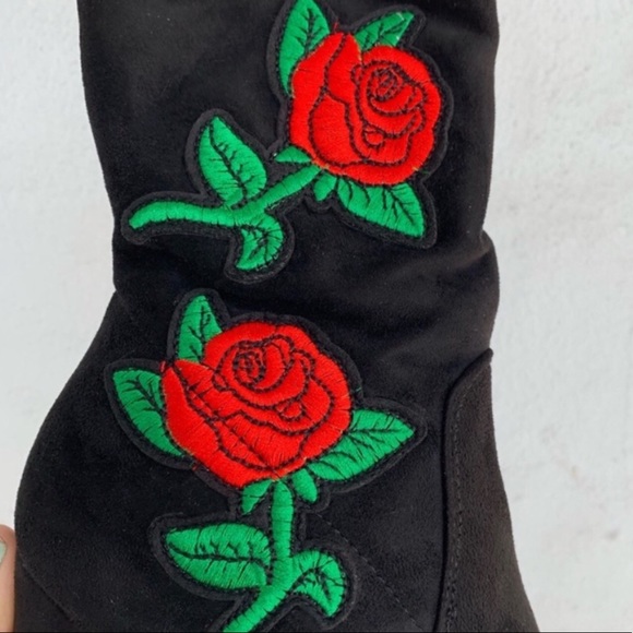 BLACK FAUX SUEDE FLORAL BOOTIE BOOTS - Picture 2 of 8